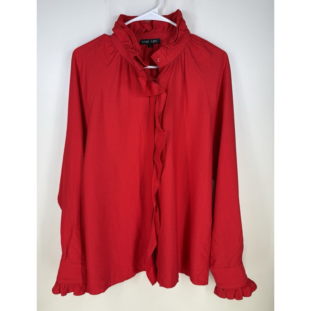 Boho Chic Women's Blouse Shirt Red Button Up Top Large Ruffle High Neck Tencel